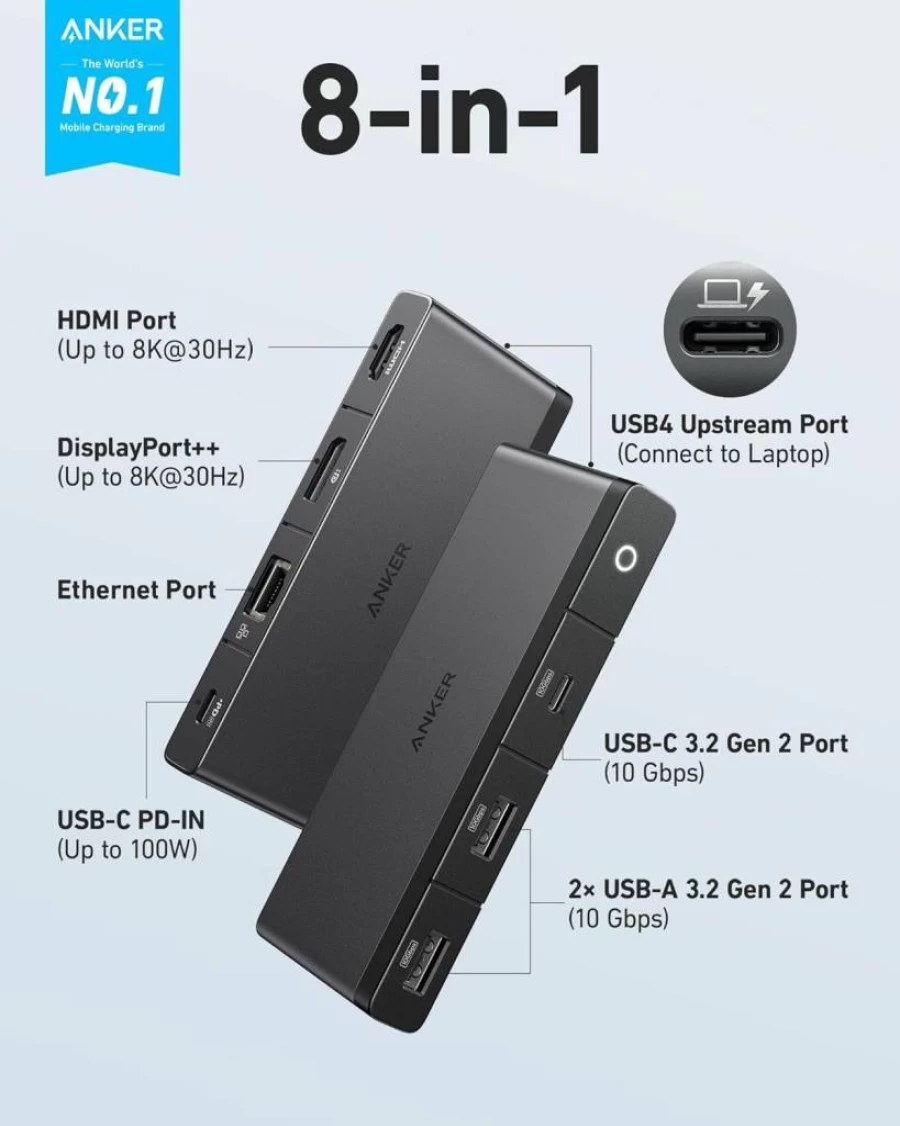 Anker USB C Hub 8-in-1 USB4 Docking Station with 8K HDMI, DisplayPort, 10Gbps USB Ports, 1.6ft Cable for MacBook, Surface Pro, Dell XPS, and Thunderbolt 4 Laptops