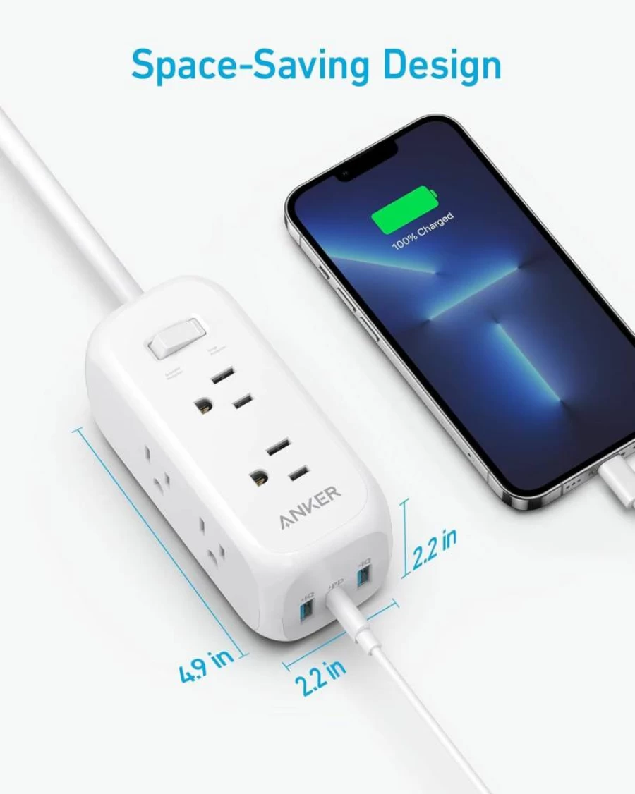 Anker 332 USB C Power Strip with Surge Protector (300J), 5Ft Extension Cord, 6 Outlets, 20W PD for iPhone 15 Series, 3-Side Outlet Extender, TUV Listed for Home & Office (Black)