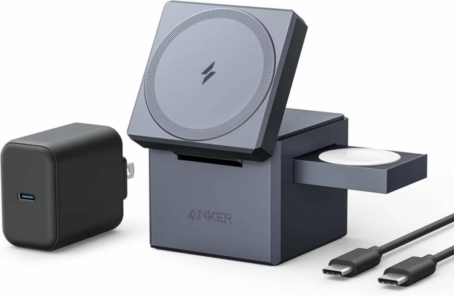 Anker 3-in-1 MagSafe Cube Stand: 15W Fast Wireless Charger for iPhone 16/15/14/13, Apple Watch & AirPods (Foldable, Charger Included)