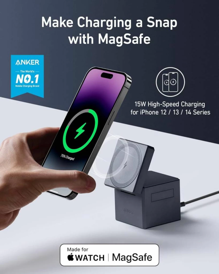 Anker 3-in-1 MagSafe Cube Stand: 15W Fast Wireless Charger for iPhone 16/15/14/13, Apple Watch & AirPods (Foldable, Charger Included)