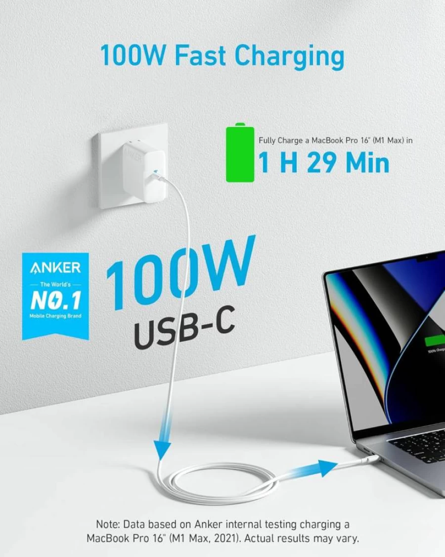 Anker 100W USB C Charger, Compact Foldable Power Adapter for MacBook Air/Pro, iPad Pro, Samsung Galaxy, Includes 5ft USB C Cable