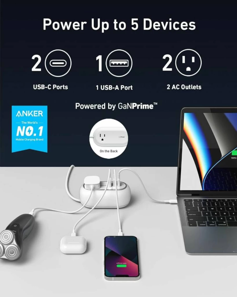 Anker GanPrime 65W 5-in-1 USB-C Charging Station with 2AC Outlets, 2 USB-C & 1 USB-A Ports | 3FT PD Power Strip for iPhone 16 Series, MacBook, Travel & Office