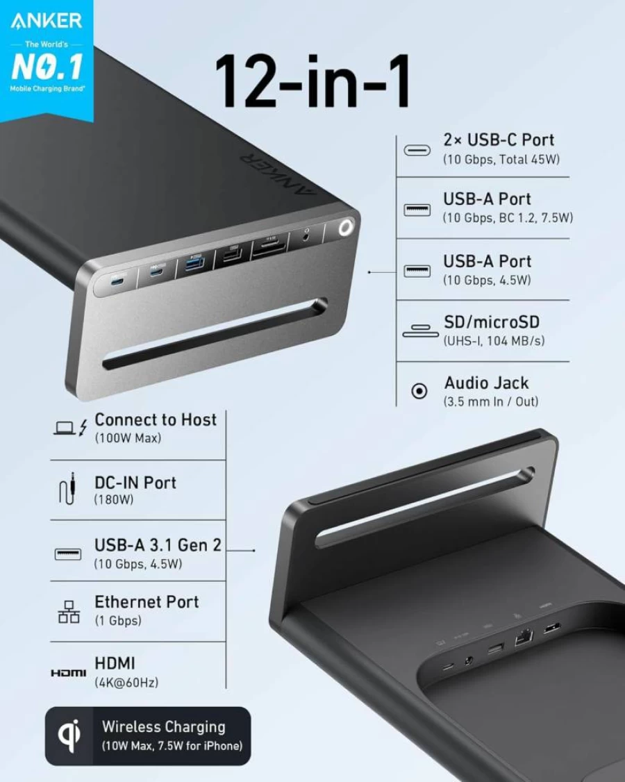 Anker 675 USB-C Docking Station 12-in-1 with Wireless Charging, 10Gbps USB-C Ports, 4K@60Hz HDMI, Compatible with MacBook Pro M1/M2, Lenovo ThinkPad, and More