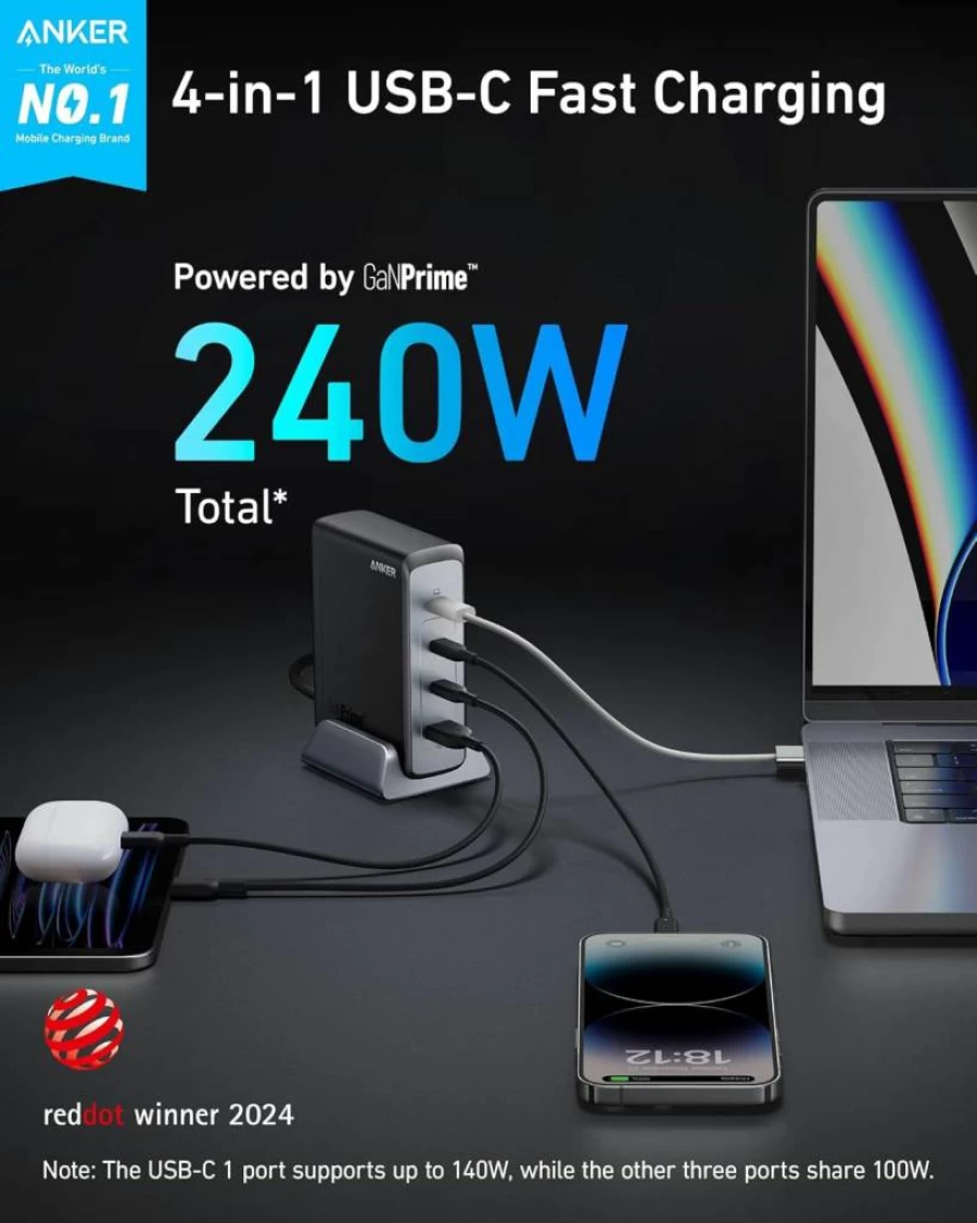 Anker Prime 240W GaN USB-C Charger, 4-Port Compact Fast Charging for MacBook Pro/Air, iPhone 16/15/Pro, iPad, Galaxy S23/S22, and More