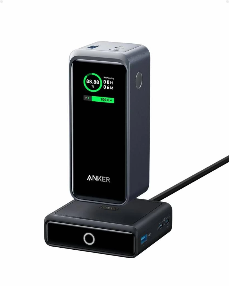 Anker Prime 200W Power Bank 20,000mAh with 100W Charging Base, 3-Port Portable Charger for iPhone 16/15/14, MacBook, Samsung, Dell, Smart Digital Display