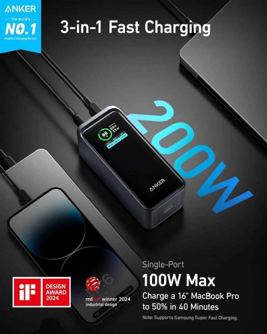 Anker Prime 200W Power Bank 20,000mAh with 100W Charging Base, 3-Port Portable Charger for iPhone 16/15/14, MacBook, Samsung, Dell, Smart Digital Display