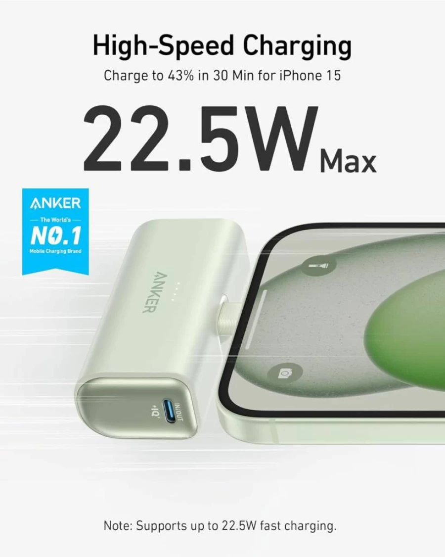Anker Nano Portable Charger 5000mAh with Built-In USB-C Cable, 22.5W Fast Charging for iPhone 16/15, Samsung Galaxy, iPad Pro/Air, and More