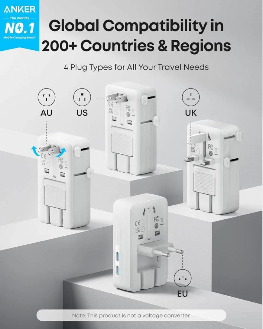 Anker Nano 5-Port Travel Adapter with Smart Temperature Control - 1 AC, 2 USB-A, 2 USB-C - Worldwide Compatibility for 200+ Countries - Compact Charger for International Travel