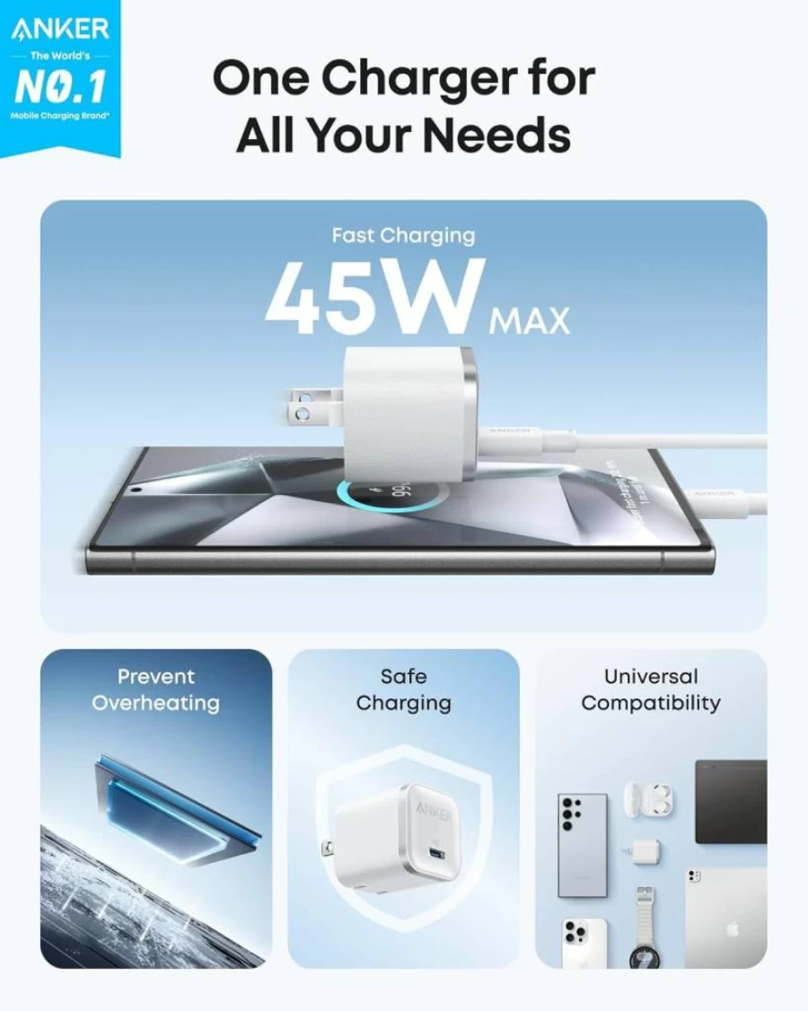Anker Nano 45W USB C Charger with 6 Ft Cable, Fast PD Charging for iPhone 16, Samsung Galaxy S24/S25, MacBook, iPad Pro, Pixel 9 - Compact & Foldable Power Adapter