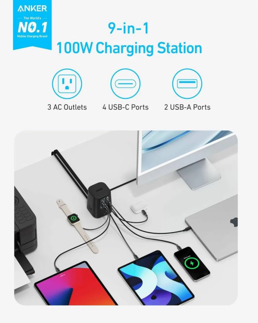 Anker 100W 9-in-1 USB-C Charging Station with Surge Protection, 4 USB-C & 2 USB-A Ports, 3 AC Outlets, 5ft Flat Plug for iPhone 16, MacBook, Home & Office