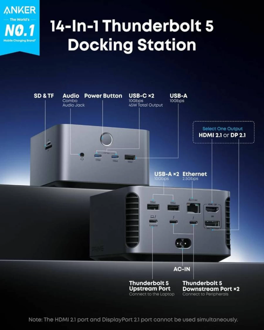 Anker Prime 14-in-1 Thunderbolt 5 Docking Station with 140W Charging, 8K Display, 120Gbps Transfer, Cooling Fan & LED Lighting for TB5/TB4 Laptops