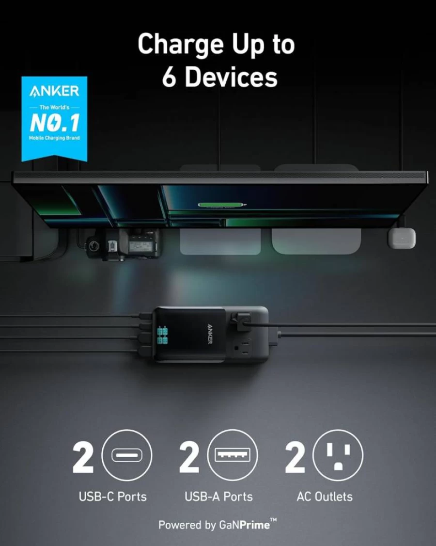 Anker Prime 140W 6-in-1 USB C Charging Station with 5Ft Detachable Cord - 6-Port Compact Power Strip for iPhone 15/Pro/Max, MacBook, Travel & Workspace