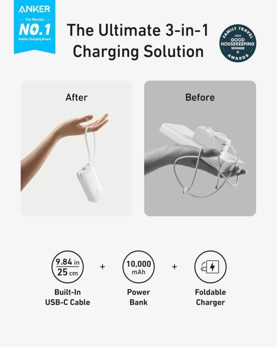 ANKER Nano 3-in-1 Power Bank 10,000mAh with USB-C Cable & 30W Foldable Wall Plug - Portable Charger for iPhone 16/15, Galaxy, MacBook, Travel Essentials